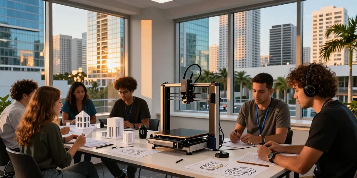 Lingkungan studio 3D printing di https://miami4d.com/ dengan tim kreatif mendesain prototipe di Miami.