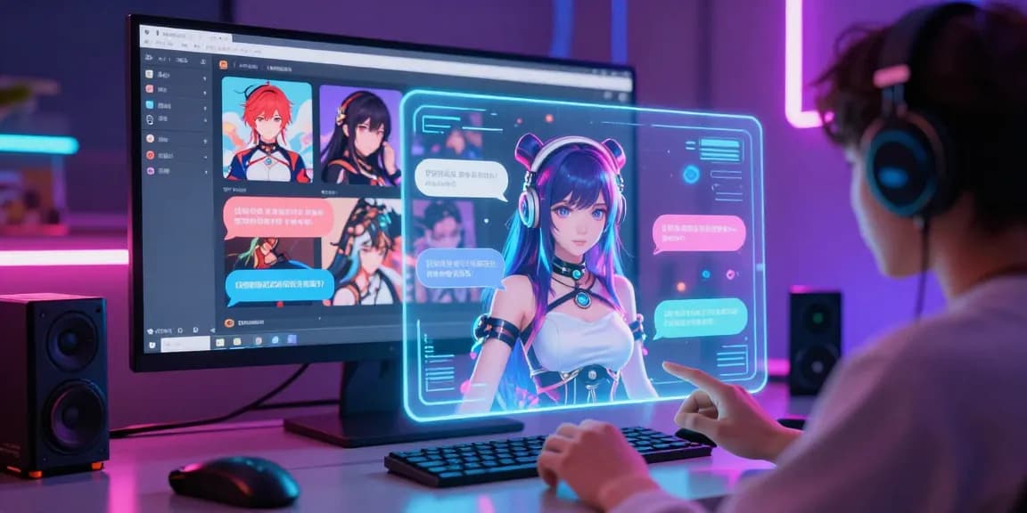 Engaging hentai ai chat experience with vibrant anime characters and holographic interface.