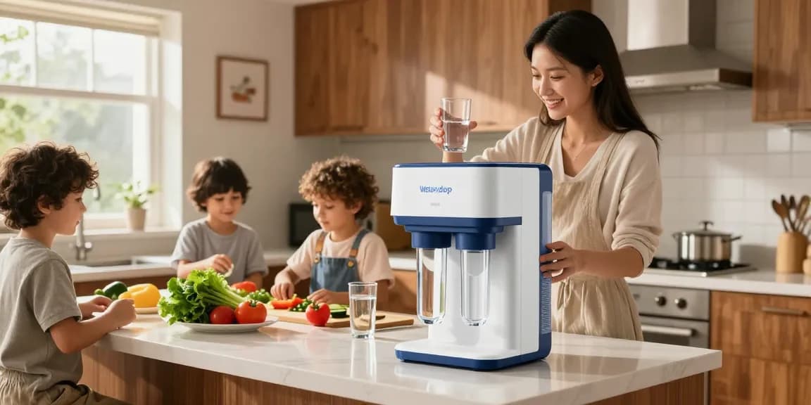 Family in kitchen enjoying clean water with Waterdrop TST-UF-B 0.01 Micron Ultra-Filtration Under Sink Water Filter