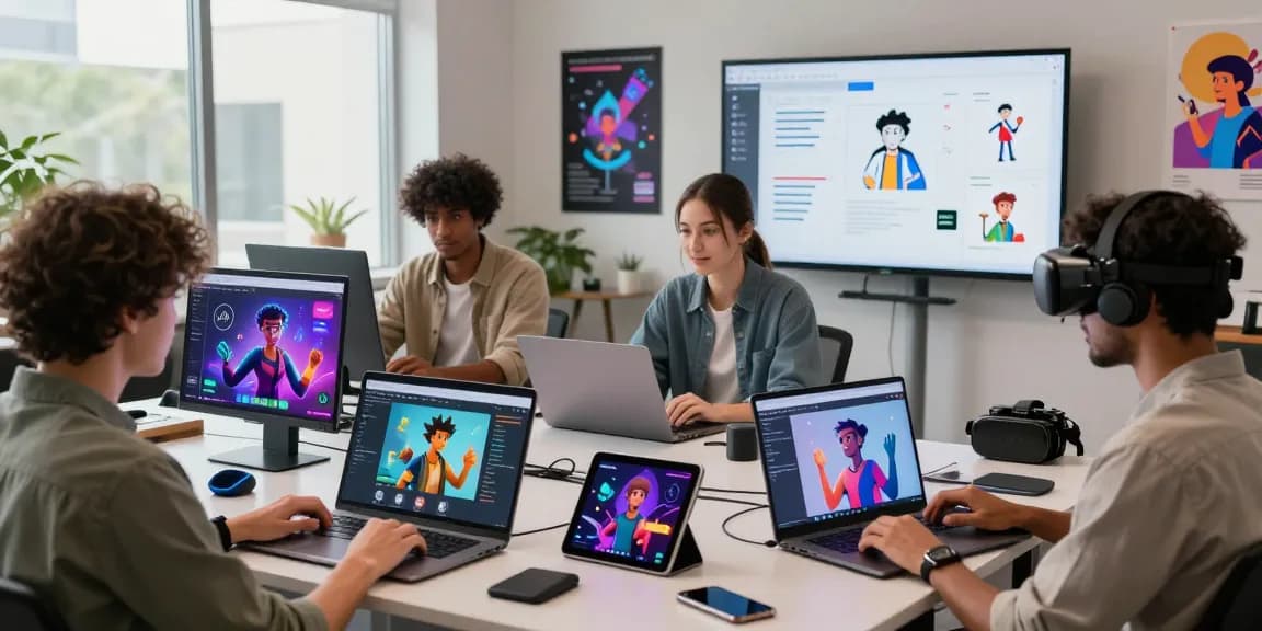 Vibrant workspace with users engaging in CrushonAI character interaction, showcasing AI technology and creativity.