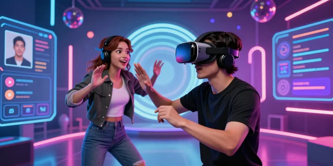 User interacting with a digital NSFW AI character in a vibrant virtual reality setting, showcasing immersive technology and customization.